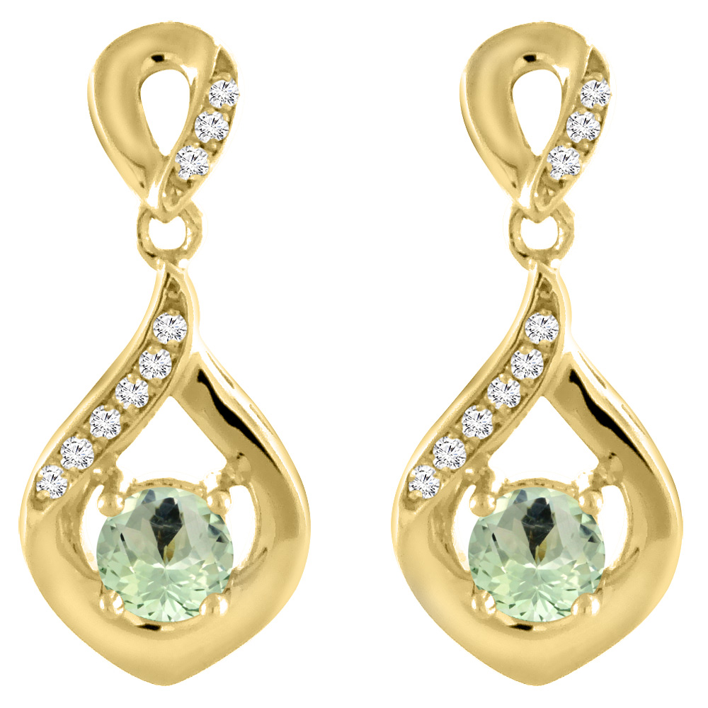 14K YELLOW GOLD NATURAL GREEN AMETHYST EARRINGS WITH DIAMOND ACCENTS ROUND 4 MM