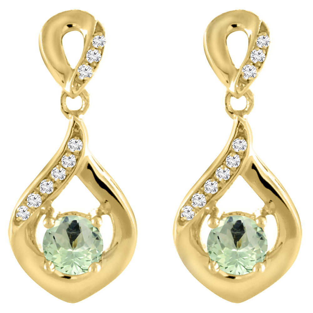 14K Yellow Gold Natural Green Amethyst Earrings with Diamond Accents Round 4 mm