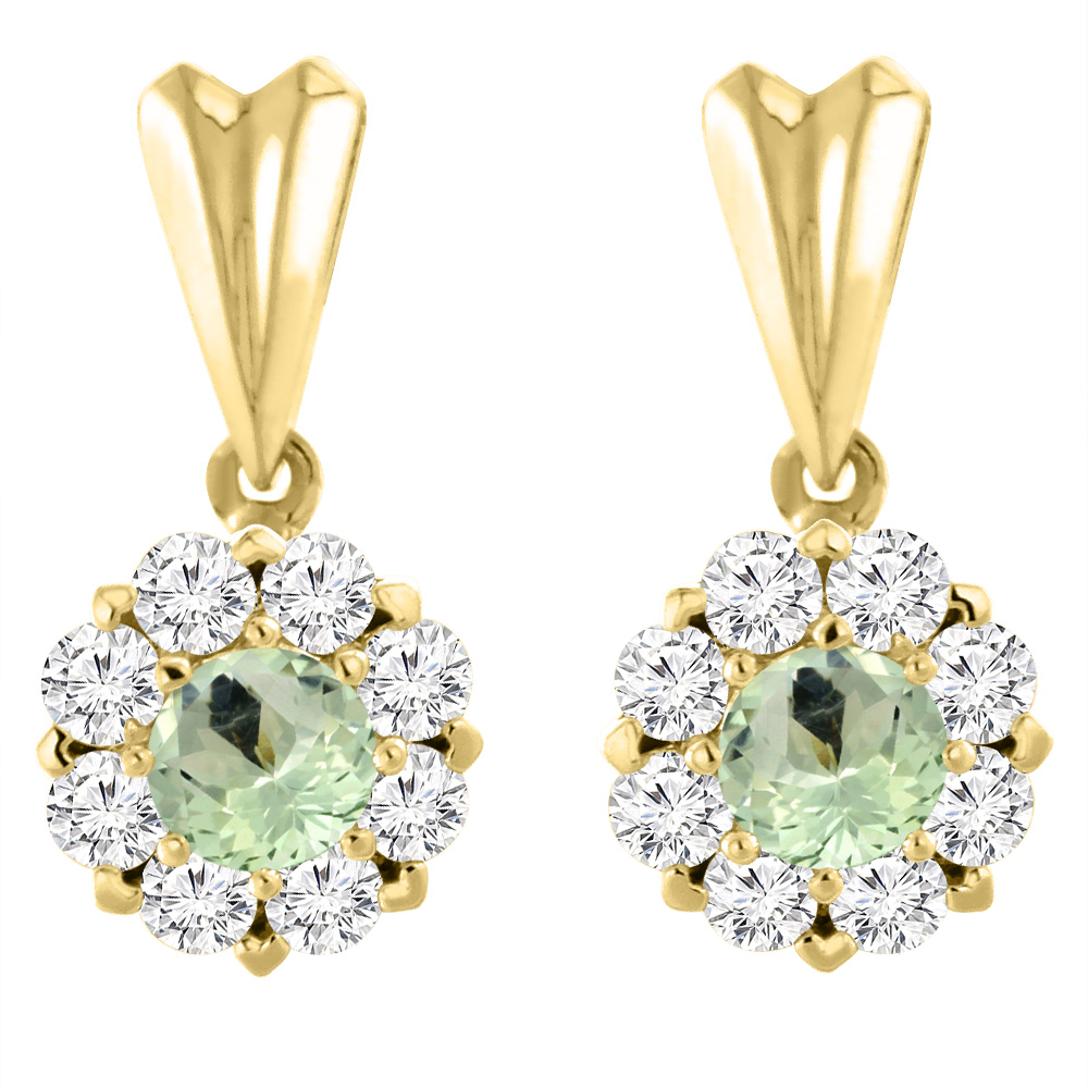 14K Yellow Gold Natural Green Amethyst Earrings with Diamond Halo Round 4 mm