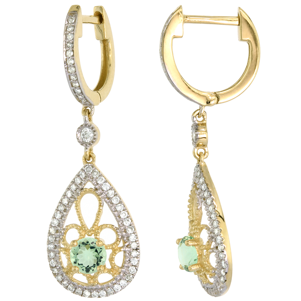 14K YELLOW GOLD NATURAL GREEN AMETHYST TEARDROP EARRINGS 3.5MM ROUND WITH 0.47 CTTW DIAMONDS 3/4 INCH LONG