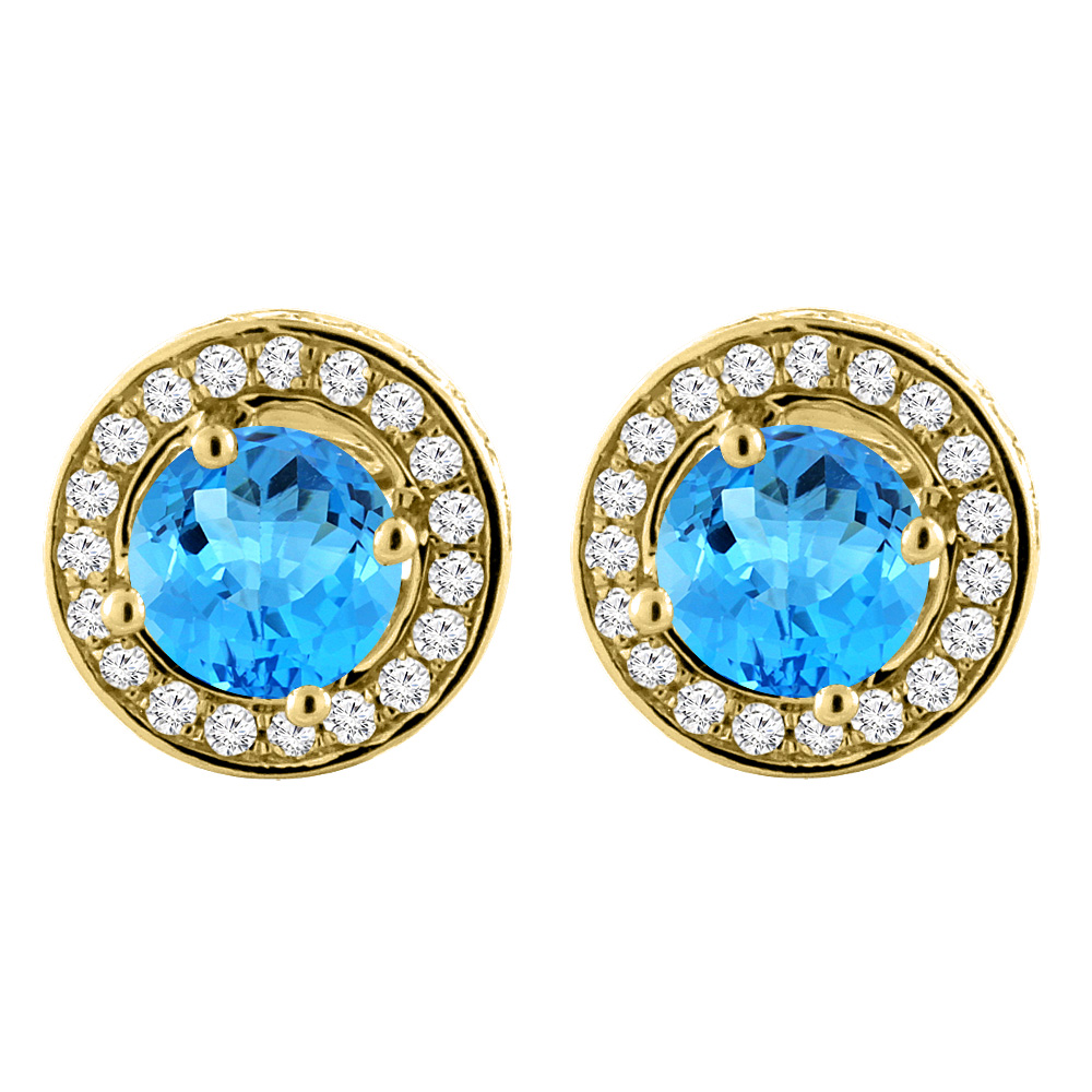 14K YELLOW GOLD NATURAL SWISS BLUE TOPAZ EARRINGS WITH DIAMOND HALO ROUND 5 MM