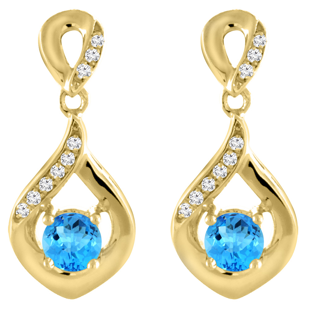 14K Yellow Gold Natural Swiss Blue Topaz Earrings with Diamond Accents Round 4 mm