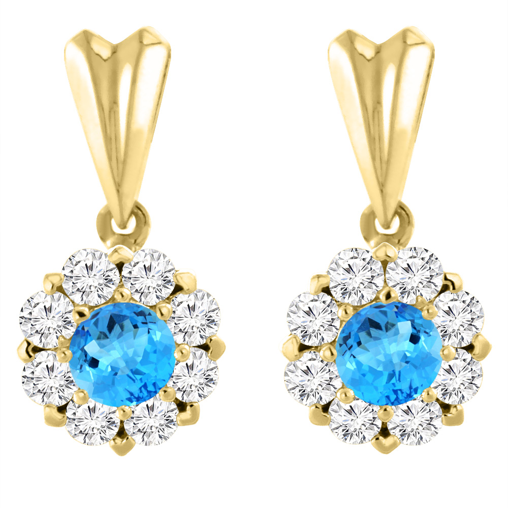 14K Yellow Gold Natural Swiss Blue Topaz Earrings with Diamond Halo Round 4 mm