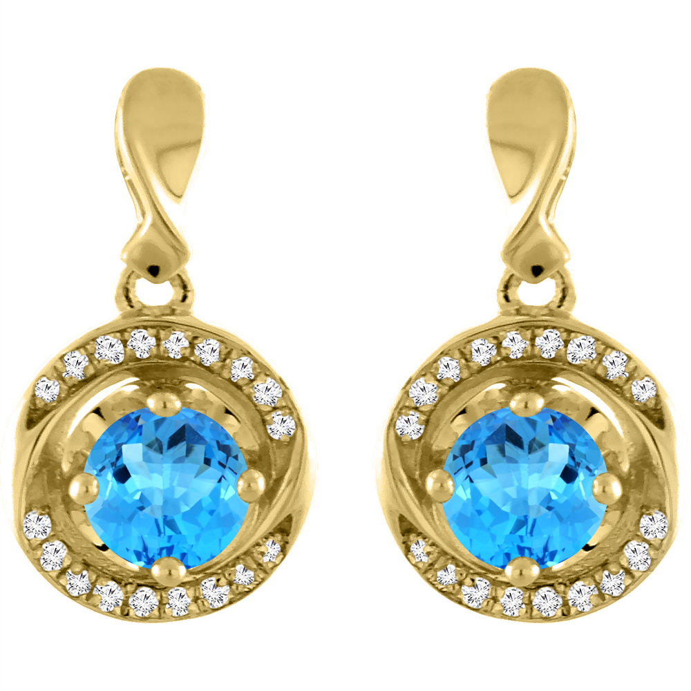 14K Yellow Gold Natural Swiss Blue Topaz Earrings with Diamond Accents Round 4 mm