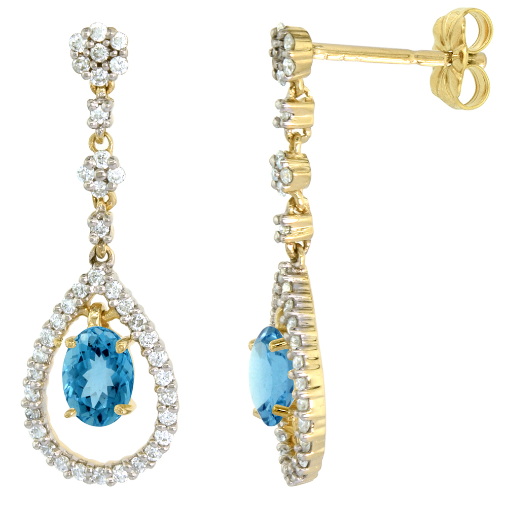 14k Gold Diamond Genuine Swiss Blue Topaz Dangle Earrings Teardrop 6x4 Oval 1 inch long