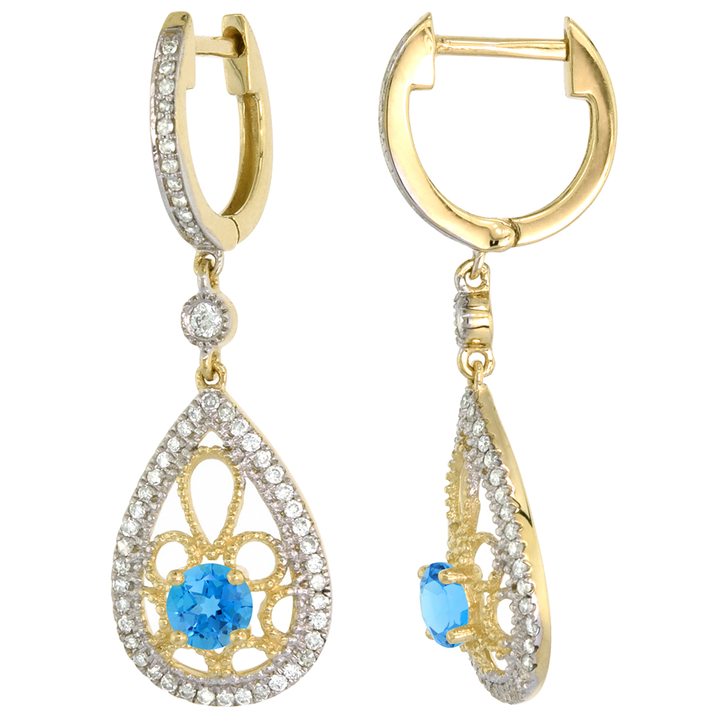 14K YELLOW GOLD NATURAL SWISS BLUE TOPAZ TEARDROP EARRINGS 3.5MM ROUND WITH 0.47 CTTW DIAMONDS 3/4 INCH LONG
