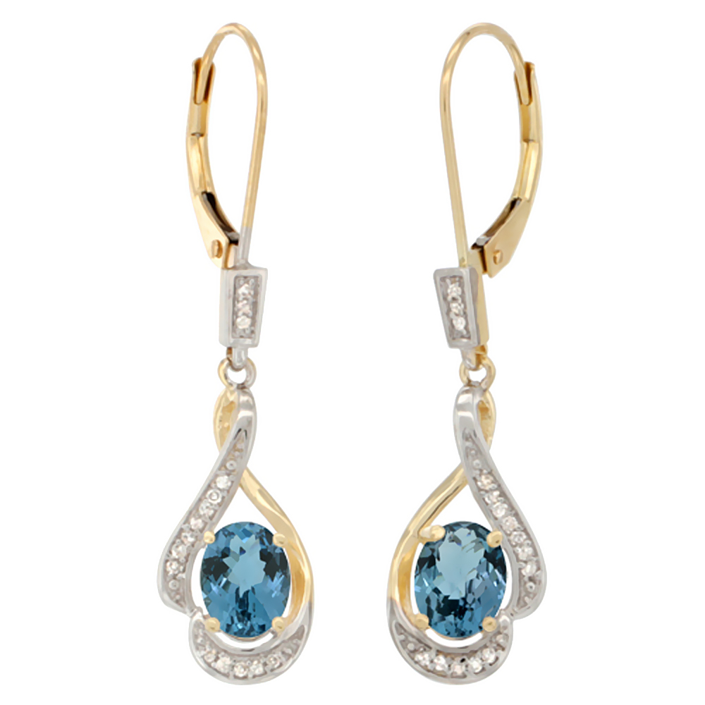 14K WHITE GOLD DIAMOND NATURAL QUALITY EMERALD LEVERBACK EARRINGS OVAL 7X5MM, 1 7/16 INCH LONG