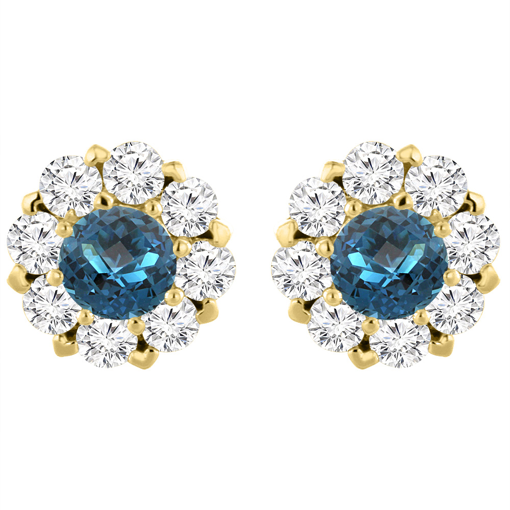 14K YELLOW GOLD NATURAL LONDON BLUE TOPAZ EARRINGS WITH DIAMOND HALO ROUND 6 MM