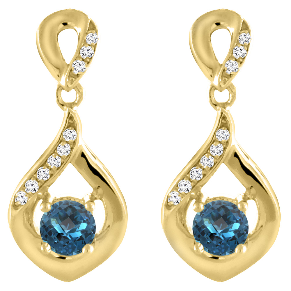 14K Yellow Gold Natural London Blue Topaz Earrings with Diamond Accents Round 4 mm