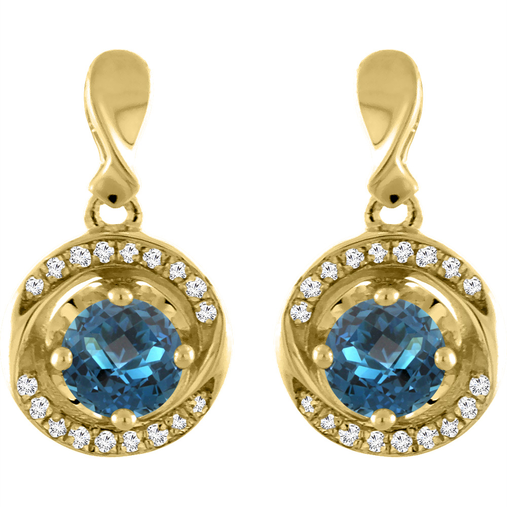 14K YELLOW GOLD NATURAL LONDON BLUE TOPAZ EARRINGS WITH DIAMOND ACCENTS ROUND 4 MM