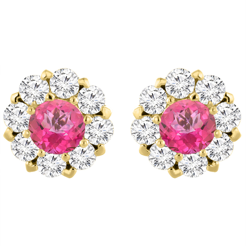 14K YELLOW GOLD NATURAL PINK TOPAZ EARRINGS WITH DIAMOND HALO ROUND 6 MM