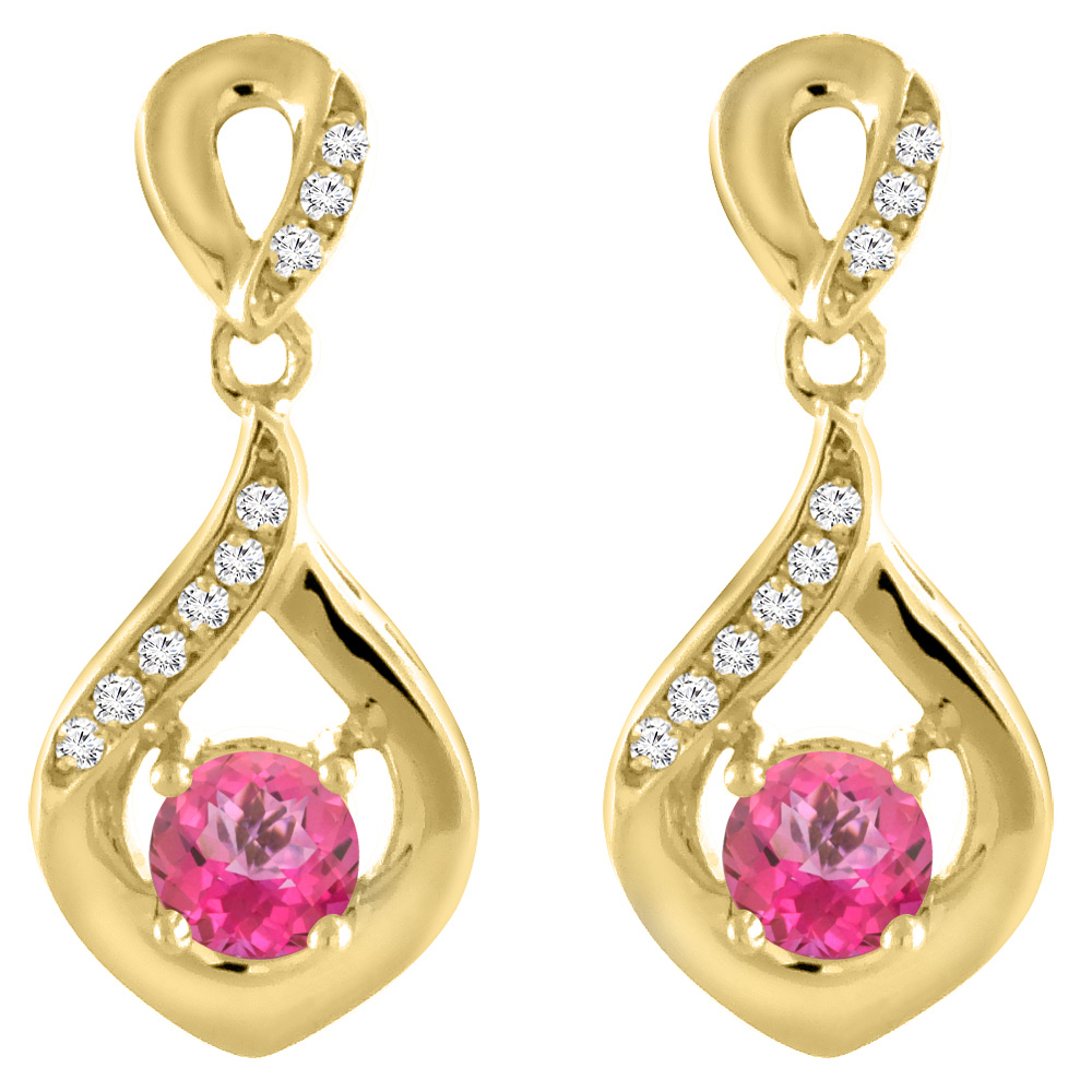 14K YELLOW GOLD NATURAL PINK TOPAZ EARRINGS WITH DIAMOND ACCENTS ROUND 4 MM