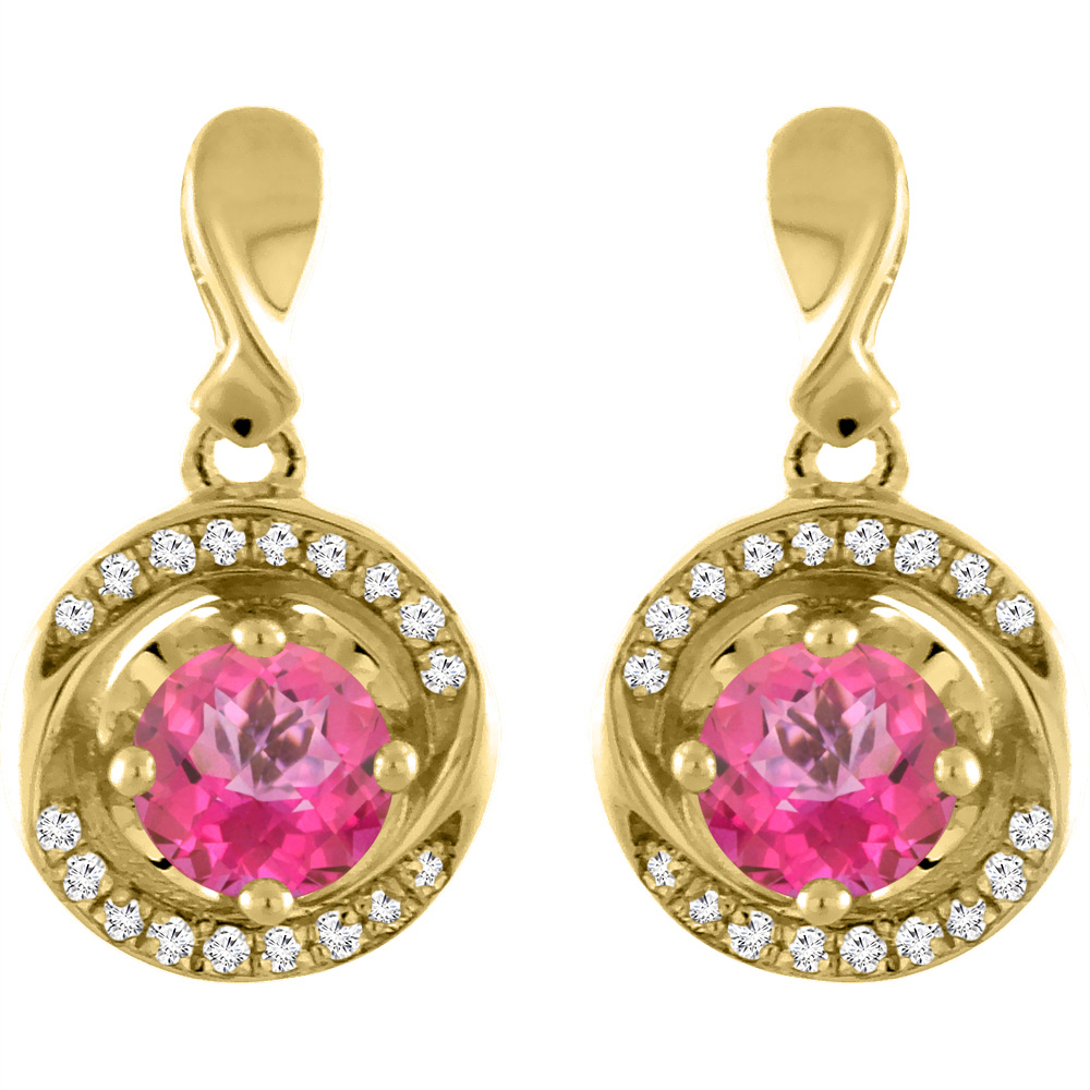 14K YELLOW GOLD NATURAL PINK TOPAZ EARRINGS WITH DIAMOND ACCENTS ROUND 4 MM