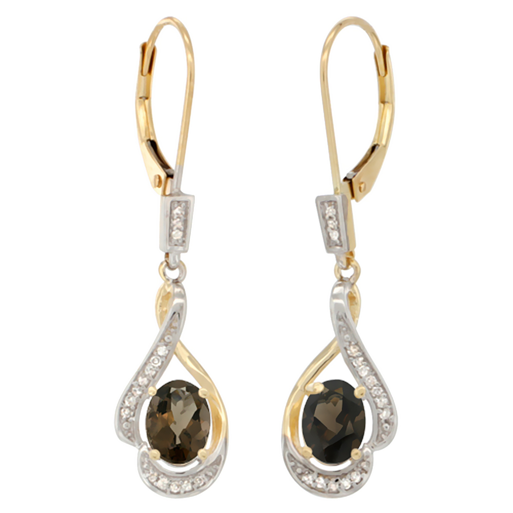 14K YELLOW GOLD DIAMOND NATURAL GREEN AMETHYST LEVERBACK EARRINGS OVAL 7X5 MM, 1 7/16 INCH LONG