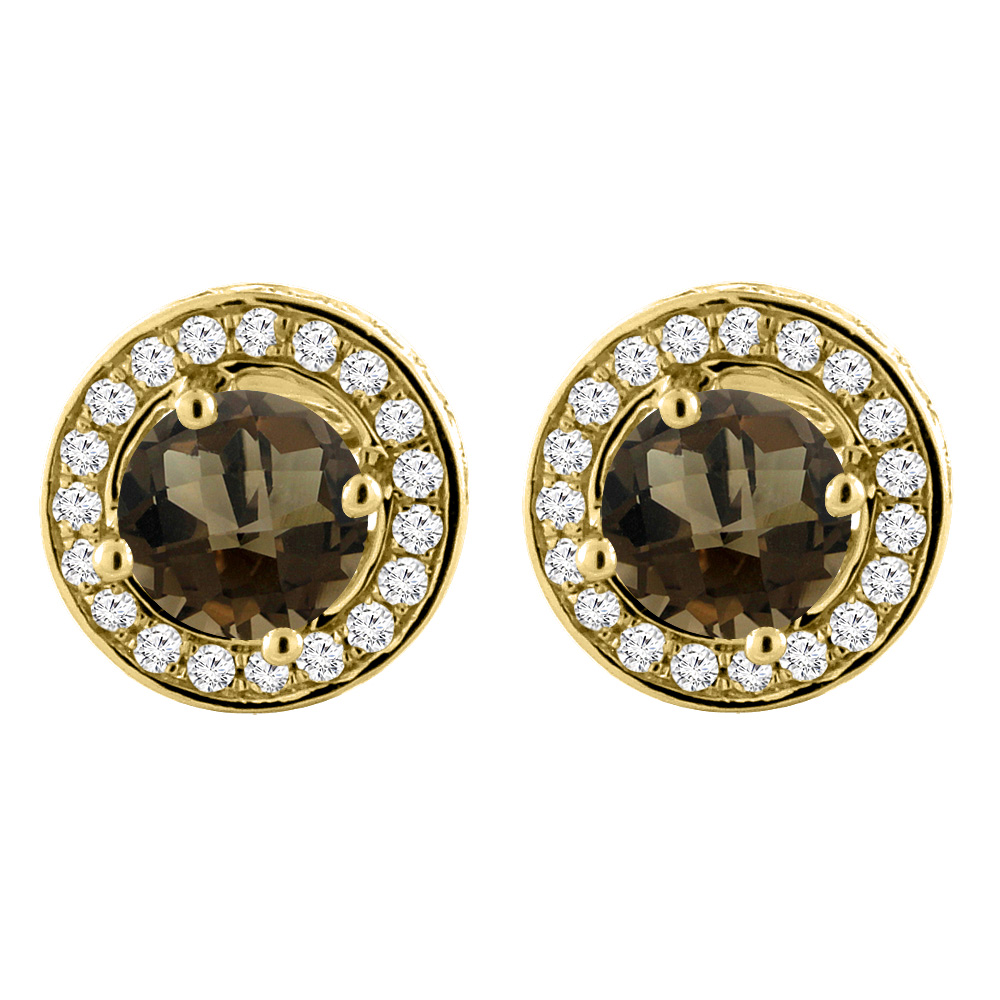 14K YELLOW GOLD NATURAL SMOKY TOPAZ EARRINGS WITH DIAMOND HALO ROUND 5 MM