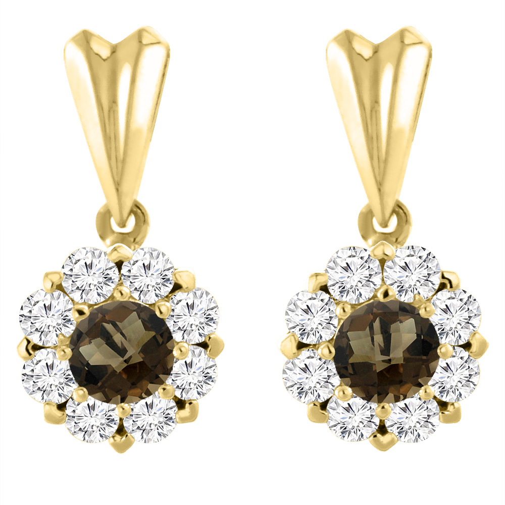 14K Yellow Gold Natural Smoky Topaz Earrings with Diamond Halo Round 4 mm