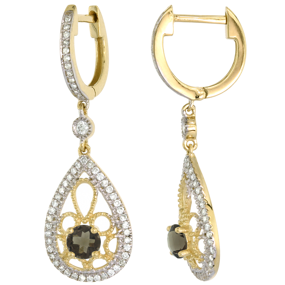 14K YELLOW GOLD NATURAL SMOKY TOPAZ TEARDROP EARRINGS 3.5MM ROUND WITH 0.47 CTTW DIAMONDS 3/4 INCH LONG