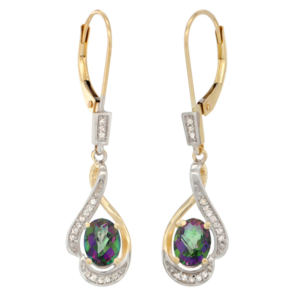 14K YELLOW GOLD DIAMOND NATURAL SWISS BLUE TOPAZ LEVERBACK EARRINGS OVAL 7X5MM, 1 7/16 INCH LONG