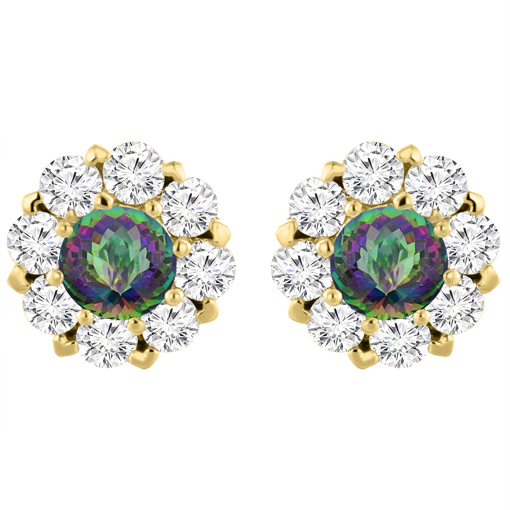 14K YELLOW GOLD NATURAL MYSTIC TOPAZ EARRINGS WITH DIAMOND HALO ROUND 6 MM