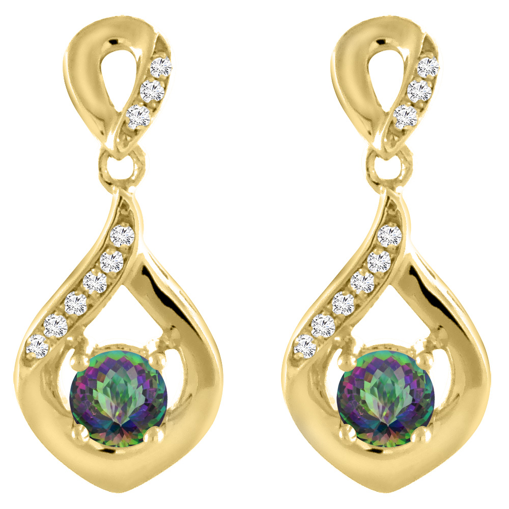 14K YELLOW GOLD NATURAL MYSTIC TOPAZ EARRINGS WITH DIAMOND ACCENTS ROUND 4 MM