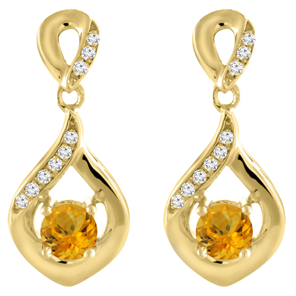 14K YELLOW GOLD NATURAL CITRINE EARRINGS WITH DIAMOND ACCENTS ROUND 4 MM