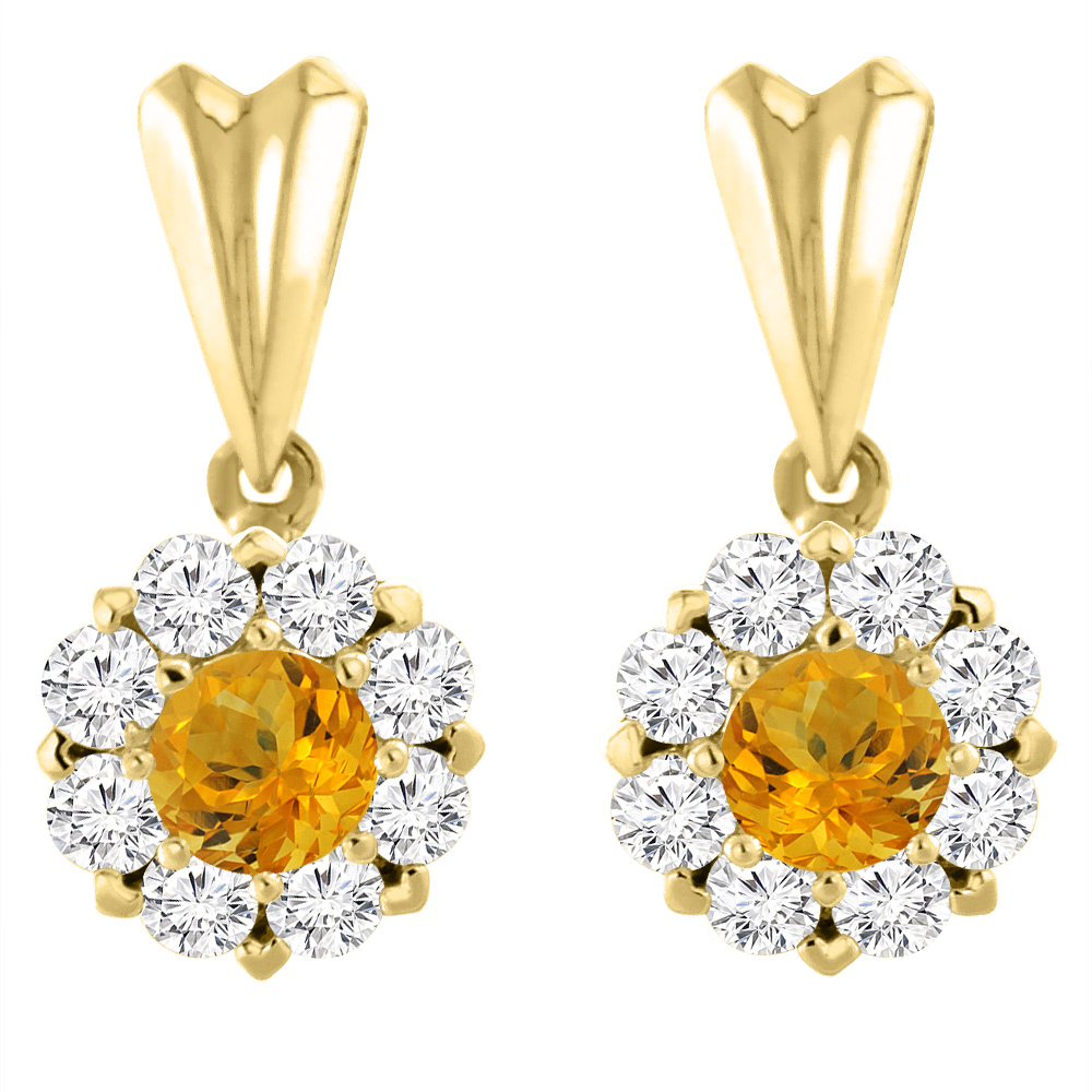 14K YELLOW GOLD NATURAL CITRINE EARRINGS WITH DIAMOND HALO ROUND 4 MM