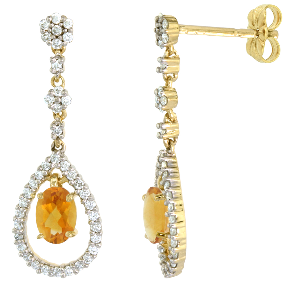 14K GOLD DIAMOND GENUINE CITRINE DANGLE EARRINGS TEARDROP 6X4 OVAL 1 INCH LONG
