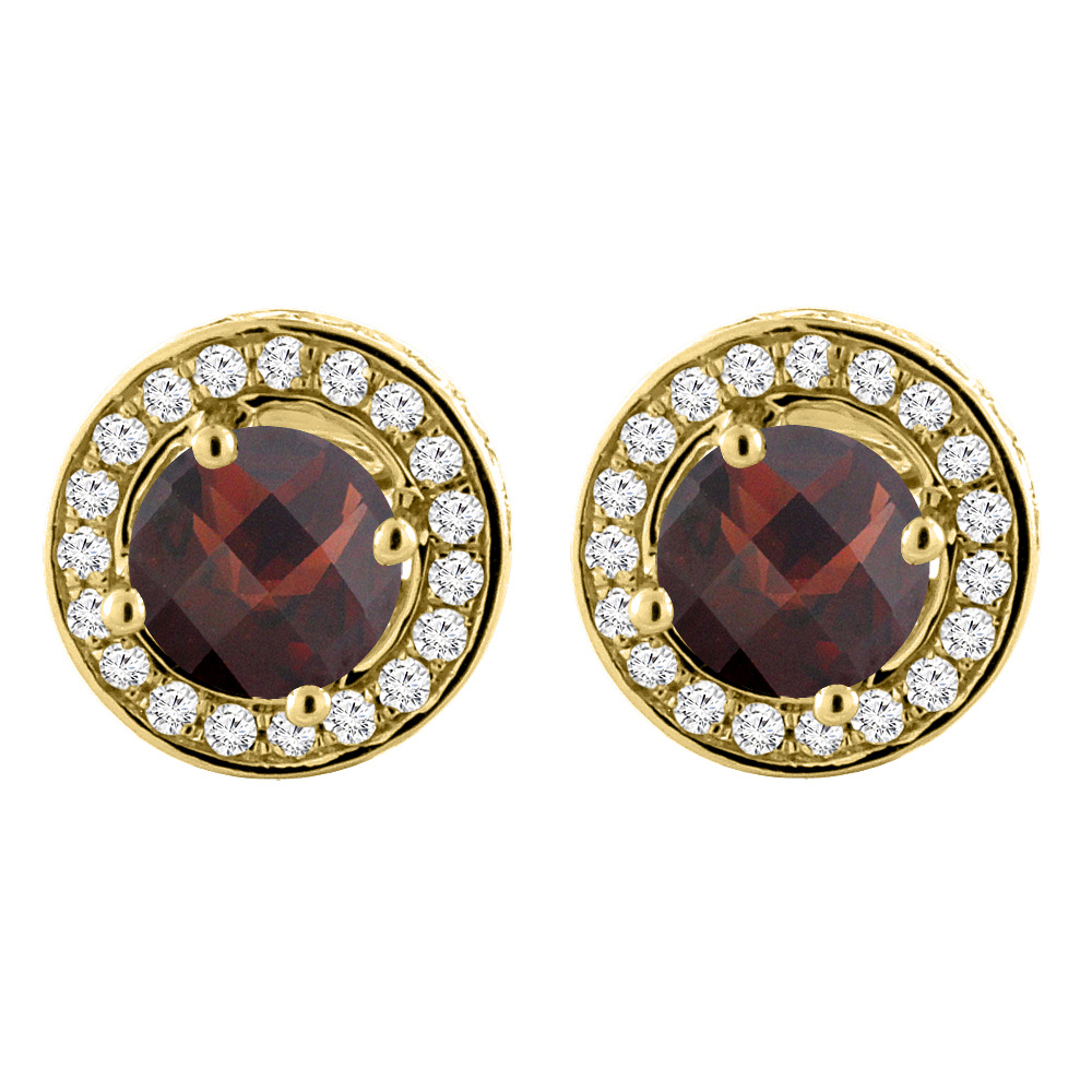 14K YELLOW GOLD NATURAL GARNET EARRINGS WITH DIAMOND HALO ROUND 5 MM