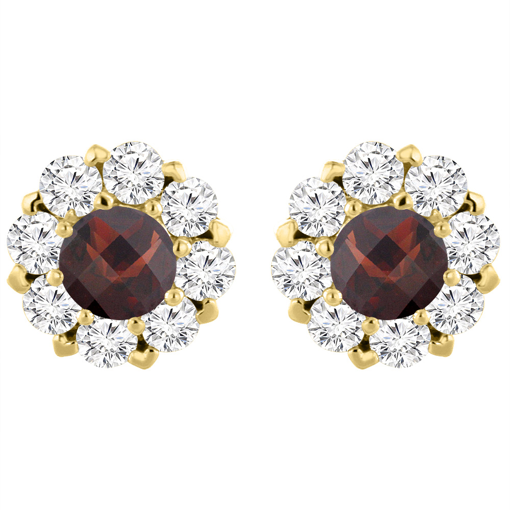 14K YELLOW GOLD NATURAL GARNET EARRINGS WITH DIAMOND HALO ROUND 6 MM