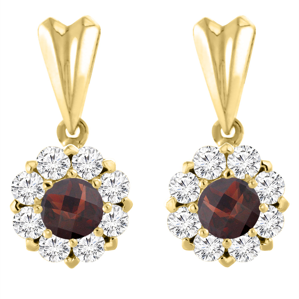 14K YELLOW GOLD NATURAL GARNET EARRINGS WITH DIAMOND HALO ROUND 4 MM