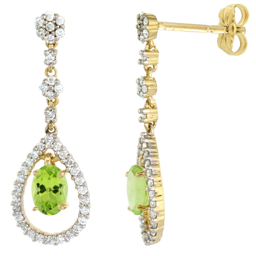14K GOLD DIAMOND GENUINE PERIDOT DANGLE EARRINGS TEARDROP 6X4 OVAL 1 INCH LONG