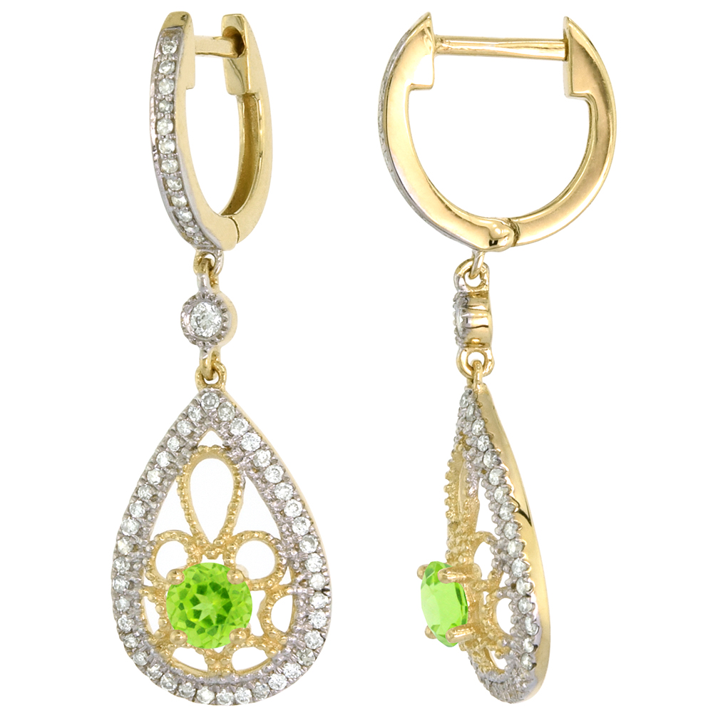 14K YELLOW GOLD NATURAL PERIDOT TEARDROP EARRINGS 3.5MM ROUND WITH 0.47 CTTW DIAMONDS 3/4 INCH LONG