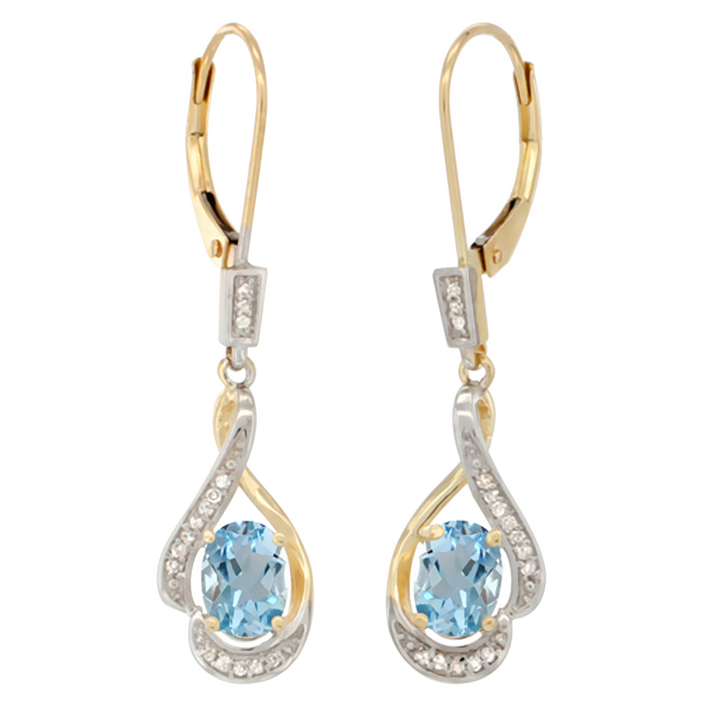 14K YELLOW GOLD DIAMOND NATURAL MYSTIC TOPAZ LEVERBACK EARRINGS OVAL 7X5 MM, 1 7/16 INCH LONG