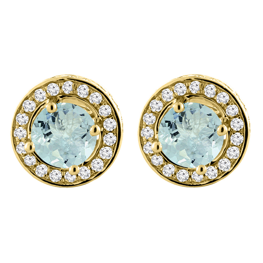 14K YELLOW GOLD NATURAL AQUAMARINE EARRINGS WITH DIAMOND HALO ROUND 5 MM