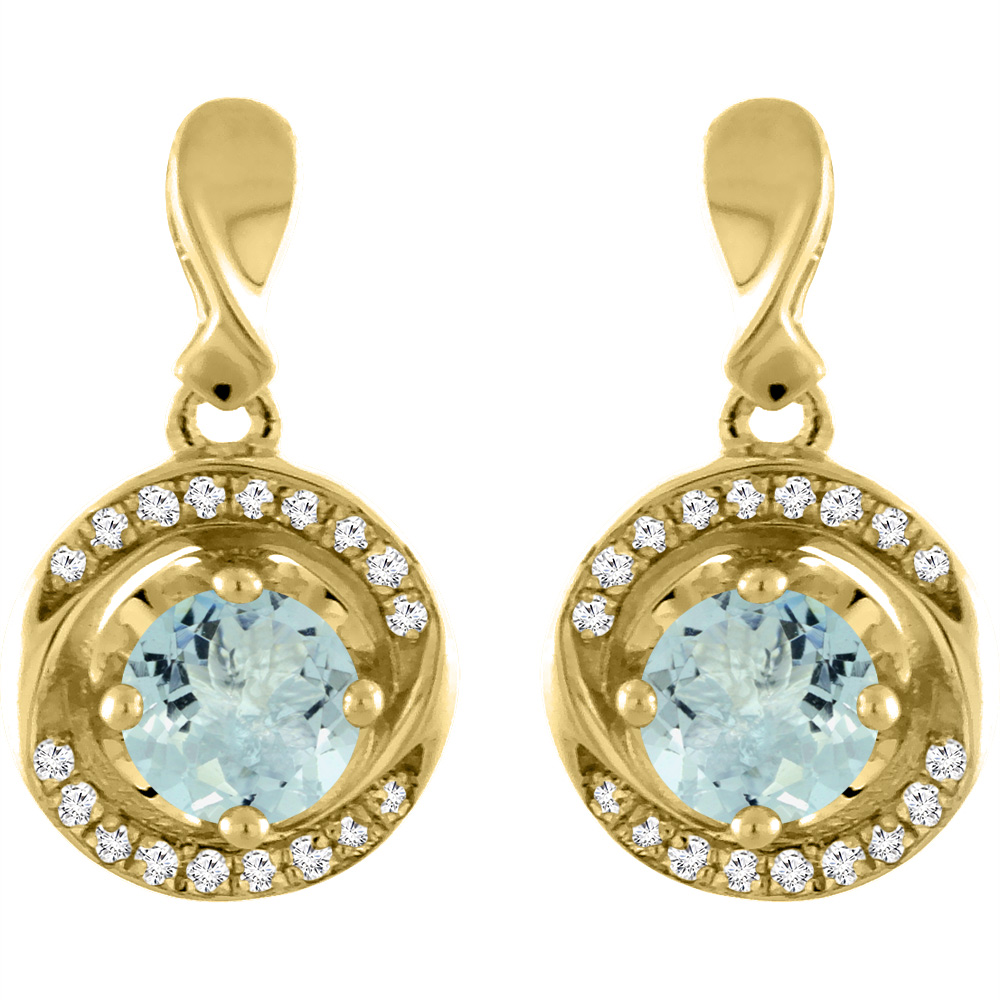 14K YELLOW GOLD NATURAL AQUAMARINE EARRINGS WITH DIAMOND ACCENTS ROUND 4 MM