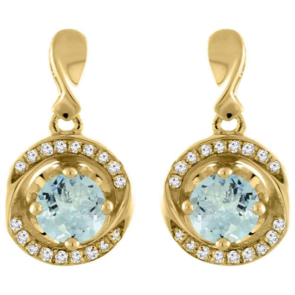 14K Yellow Gold Natural Aquamarine Earrings with Diamond Accents Round 4 mm