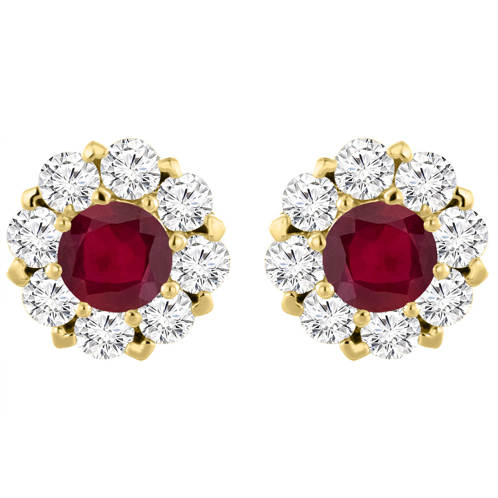 14K YELLOW GOLD ENHANCED GENUINE RUBY EARRINGS WITH DIAMOND HALO ROUND 6 MM