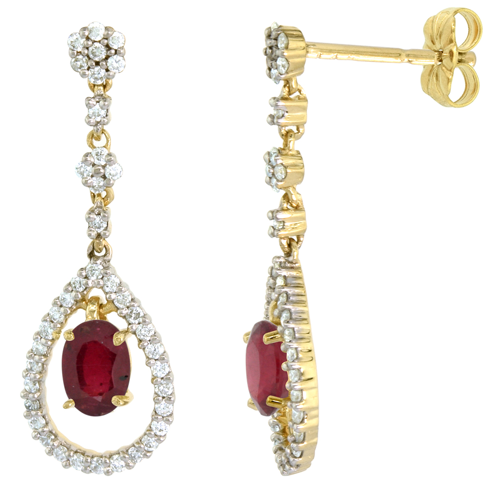 14K GOLD DIAMOND ENHANCED GENUINE RUBY DANGLE EARRINGS TEARDROP 6X4 OVAL 1 INCH LONG