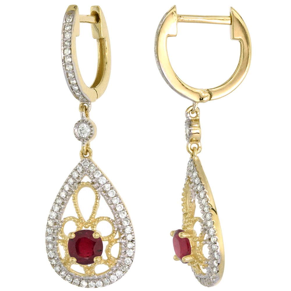 14k Yellow Gold Enhanced Genuine Ruby Teardrop Earrings 3.5mm Round with 0.47 cttw Diamonds 3/4 inch long