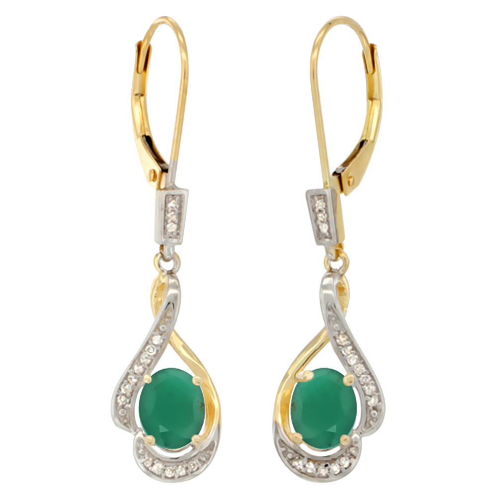 14K Yellow Gold Diamond Natural Malachite Leverback Earrings Oval 7x5 mm, 1 7/16 inch long