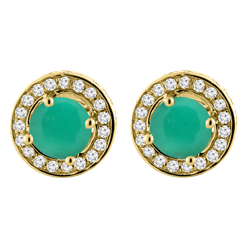 14K YELLOW GOLD NATURAL EMERALD EARRINGS WITH DIAMOND HALO ROUND 5 MM