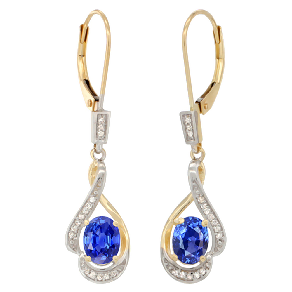 14K YELLOW GOLD DIAMOND NATURAL AQUAMARINE LEVERBACK EARRINGS OVAL 7X5 MM, 1 7/16 INCH LONG