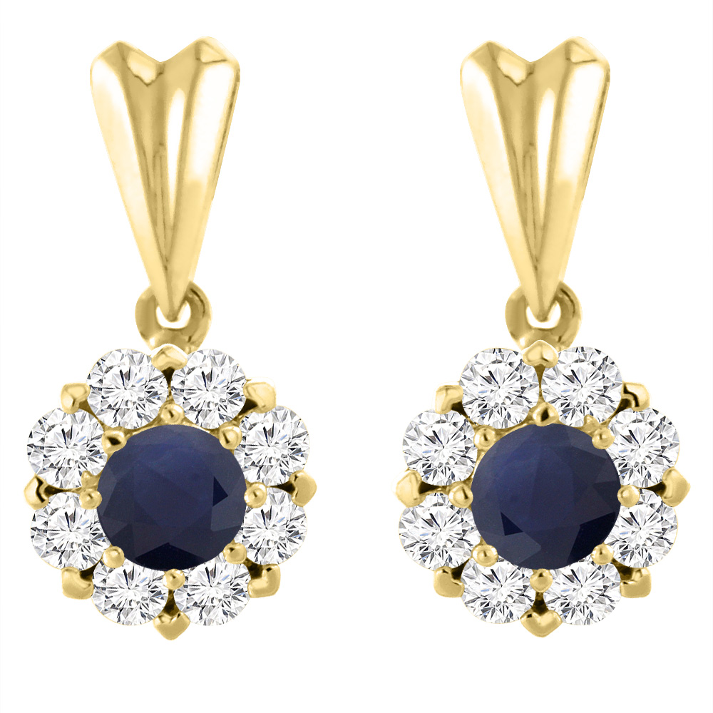 14K YELLOW GOLD NATURAL BLUE SAPPHIRE EARRINGS WITH DIAMOND HALO ROUND 4 MM