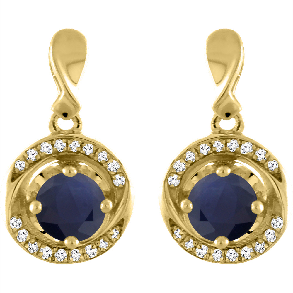 14K YELLOW GOLD NATURAL BLUE SAPPHIRE EARRINGS WITH DIAMOND ACCENTS ROUND 4 MM