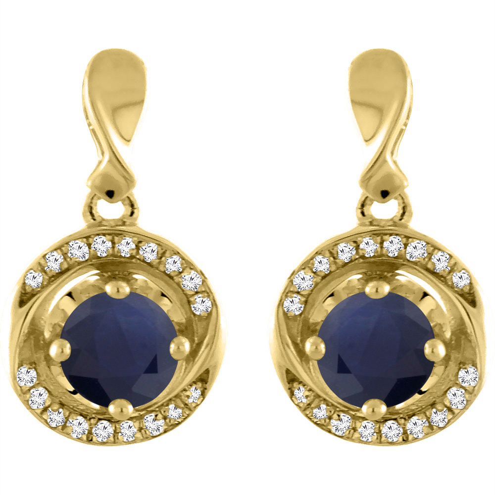 14K Yellow Gold Natural Blue Sapphire Earrings with Diamond Accents Round 4 mm