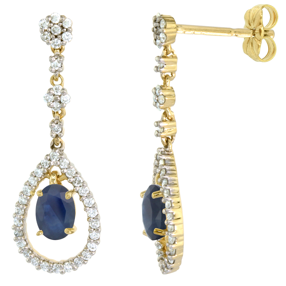 14K GOLD DIAMOND GENUINE BLUE SAPPHIRE DANGLE EARRINGS TEARDROP 6X4 OVAL 1 INCH LONG