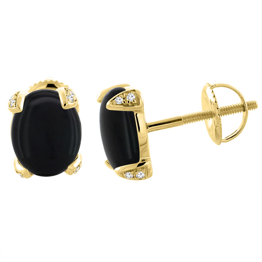 14K YELLOW GOLD NATURAL BLACK ONYX SCREW BACK EARRINGS OVAL 9X7 MM WITH DIAMOND ACCENTS