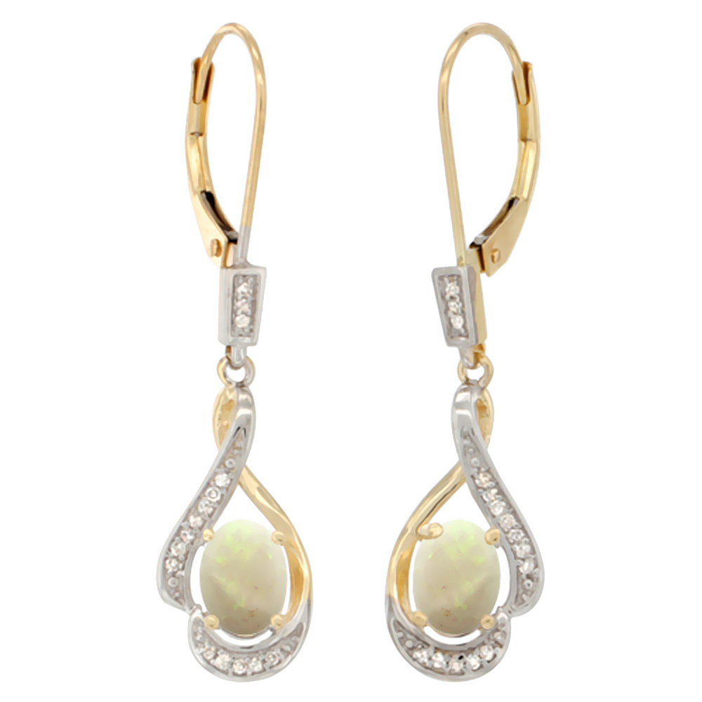 14K YELLOW GOLD DIAMOND NATURAL EMERALD LEVERBACK EARRINGS OVAL 7X5 MM, 1 7/16 INCH LONG