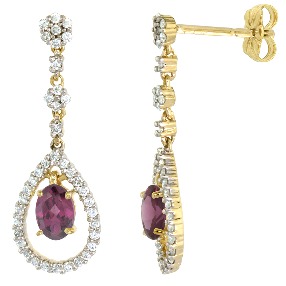 14K GOLD DIAMOND GENUINE RHODOLITE GARNET DANGLE EARRINGS TEARDROP 6X4 OVAL 1 INCH LONG