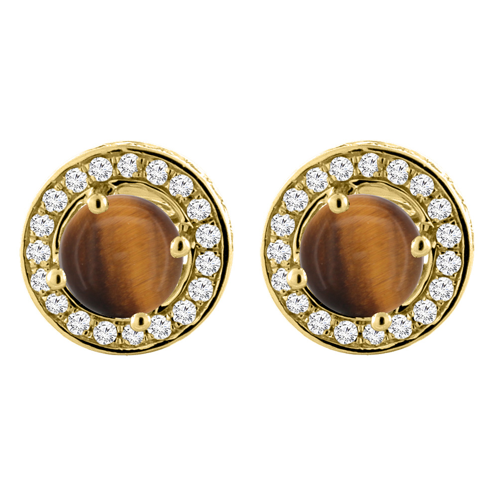 14K YELLOW GOLD NATURAL TIGER EYE EARRINGS WITH DIAMOND HALO ROUND 5 MM